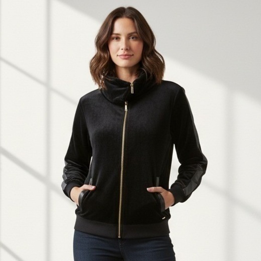 Y2K Calvin Klein Jacket Womens Sz 1X Velour Full Zip Hoodie Athletic Retro Black